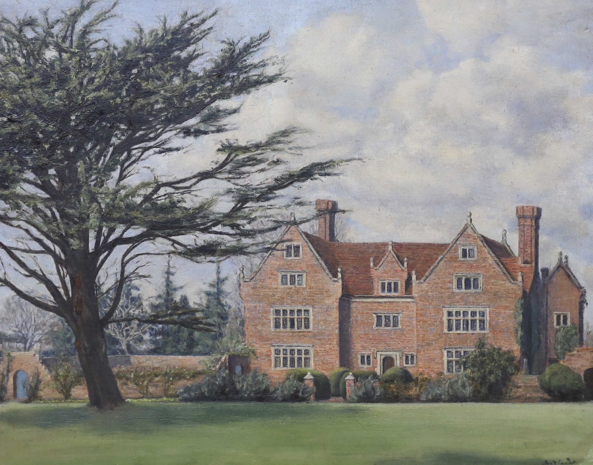20th century English School, oil on canvas, 'Carter's Corner Place, Cowbeech, Hailsham' (formerly the home of Lord Hailsham), indistinctly signed, 42 x 52cm